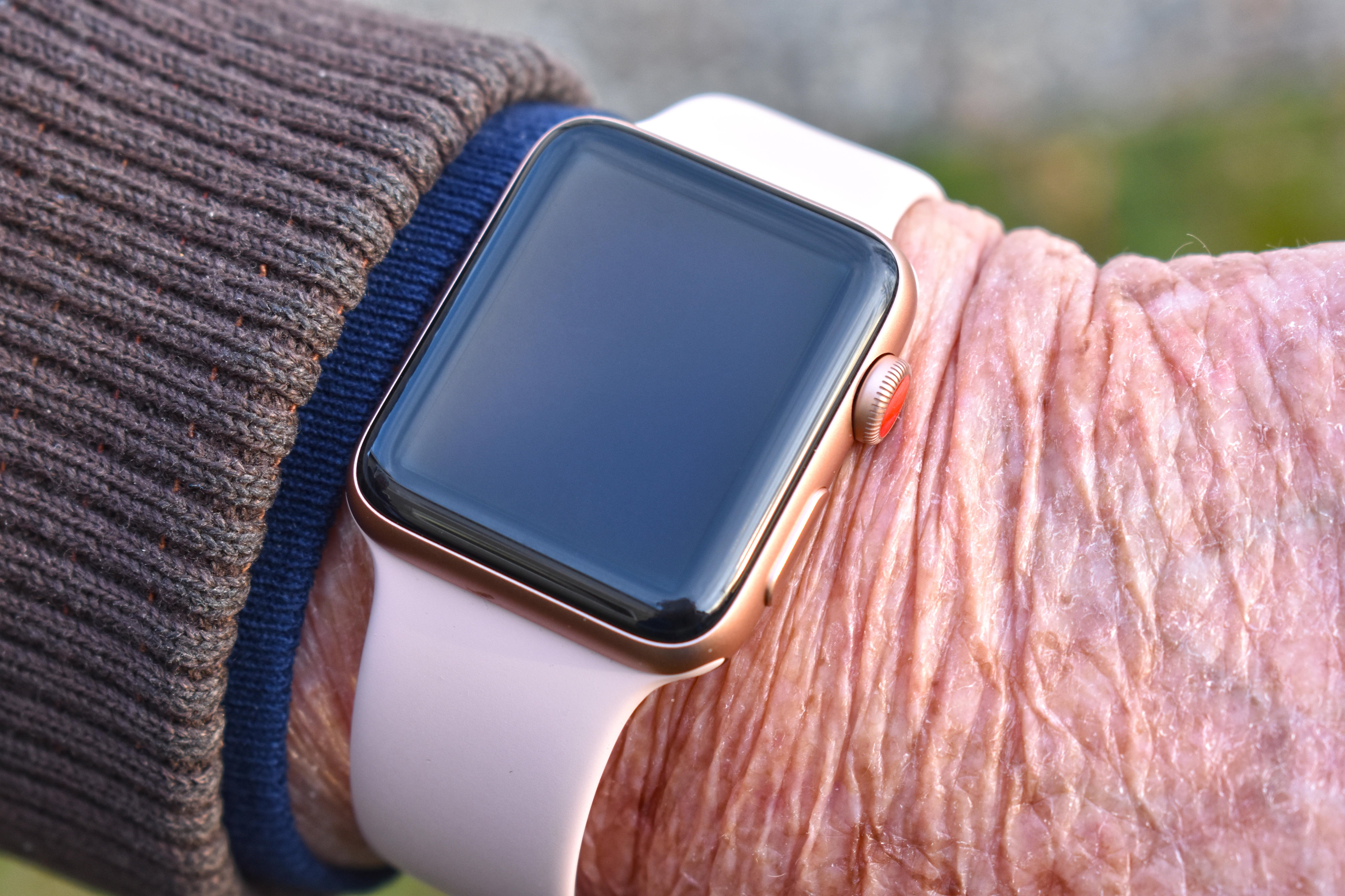 An Apple Watch Series 3 on the wrists of an older woman