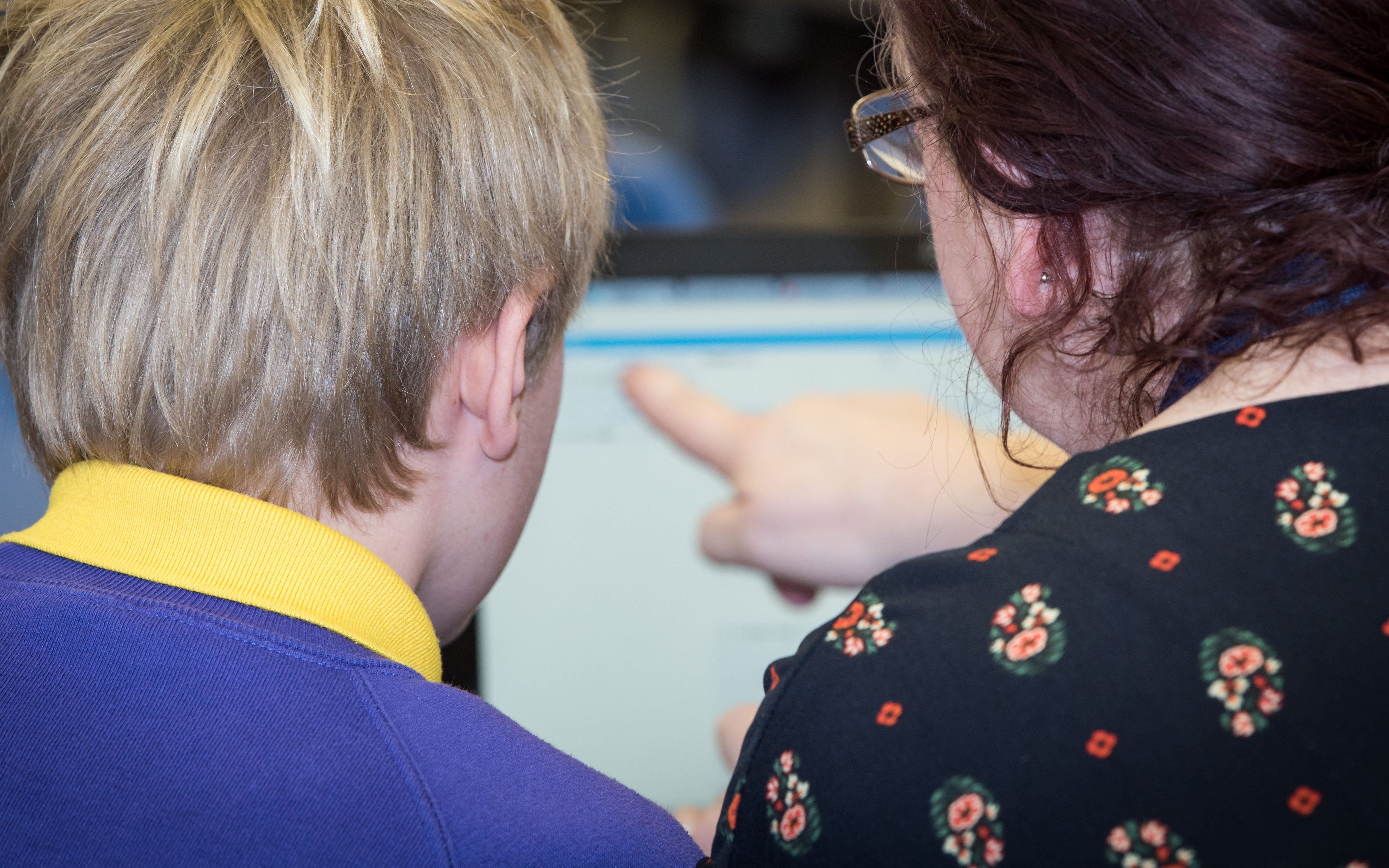 Teacher and pupil using computer